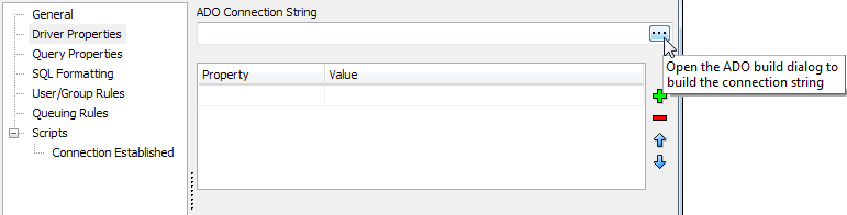 Selecting the ellipsis button to build the ADO connection string.